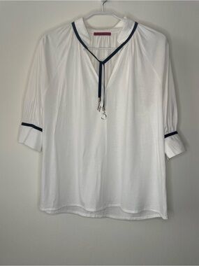 CH Carolina Herrera White Black Trim Blouse With CH Charm Tie - Size S